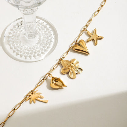 18K Gold Island Sunset Pink Flower Heart Palm Tree Summer Charm Necklace