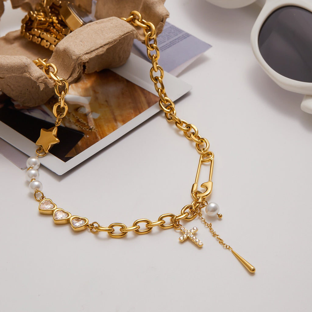 18K Gold Y2K Safety Pin Heart Pearl Cross Chain Necklace