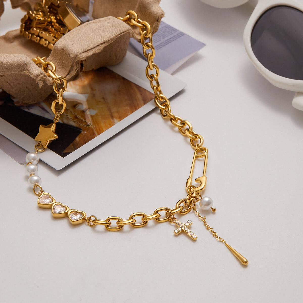 18K Gold Y2K Safty Pin Heart Pearl Cross Chain Necklace