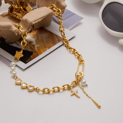 18K Gold Y2K Safty Pin Heart Pearl Cross Chain Necklace