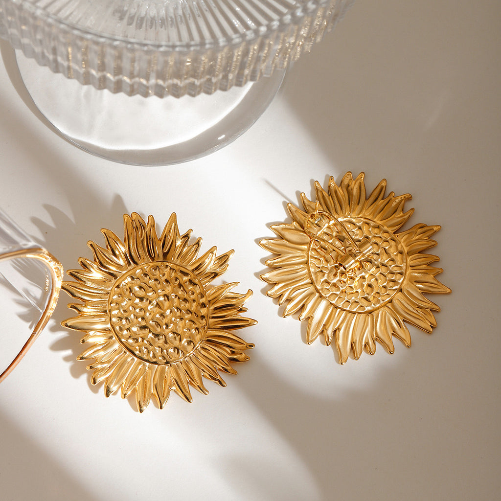 18K Gold Sunflower Statement Stud Earrings