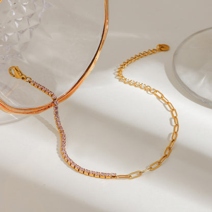 18K Gold Pink Jewel Paperclip Chain Dainty Tennis Bracelet