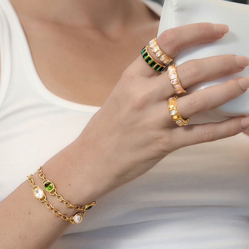 18K Gold Aura Color Gem Eternity Tennis Ring