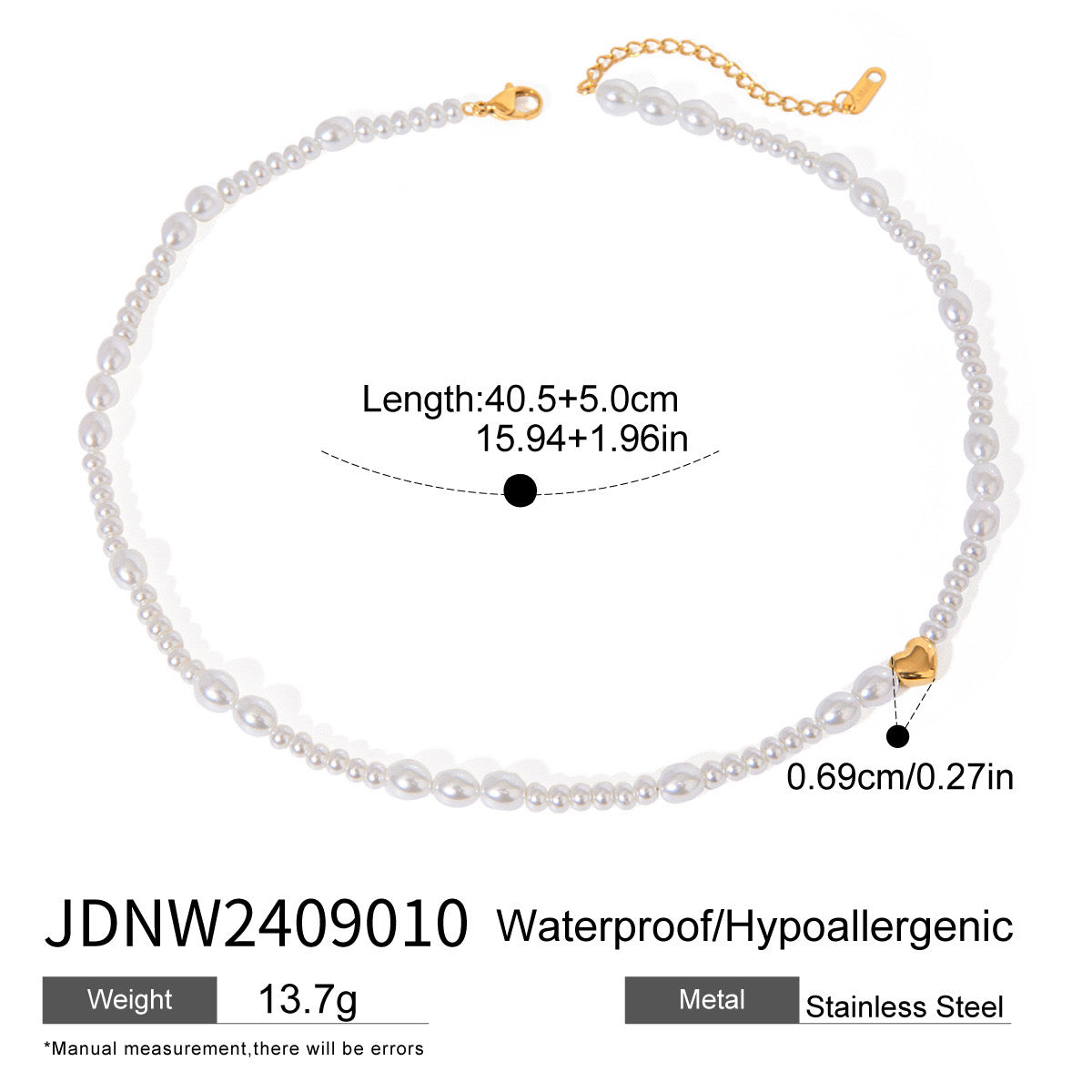 18K Gold Heart Pearl Chain Beaded Collar Necklace