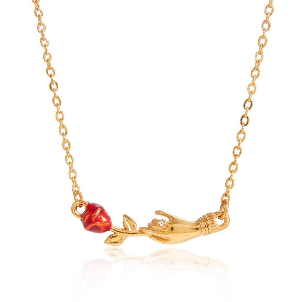 18K Gold Confession Red Rose Pendant Necklace