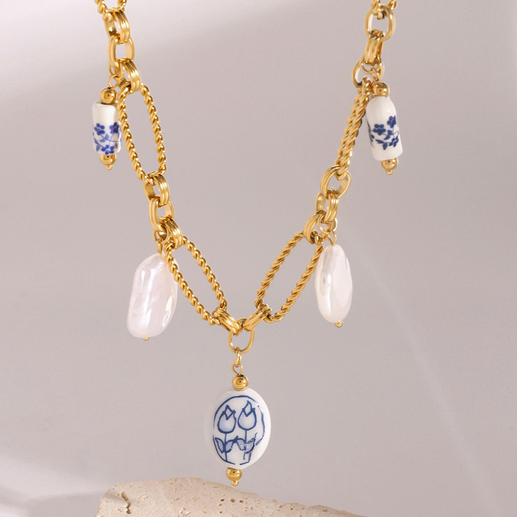 18K Gold Baroque Pearl Paperclip Chain Statement Charm Necklace