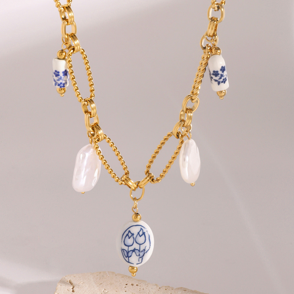 18K Gold Baroque Pearl Paperclip Chain Statement Charm Necklace