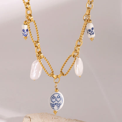 18K Gold Baroque Pearl Paperclip Chain Statement Charm Necklace