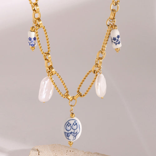 18K Gold Baroque Pearl Paperclip Chain Statement Charm Necklace