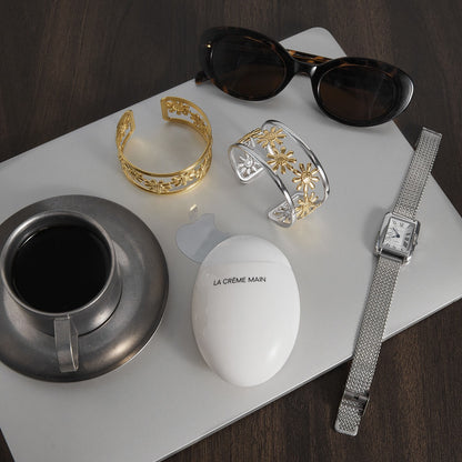 18K Gold and Silver Two Tone Wild Bloom Flower Statement Bangle Cuff Bracelet