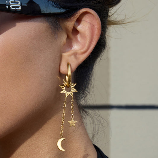 18K Gold Celestial Sun Moon and Star Drop Dangle Huggie Earrings