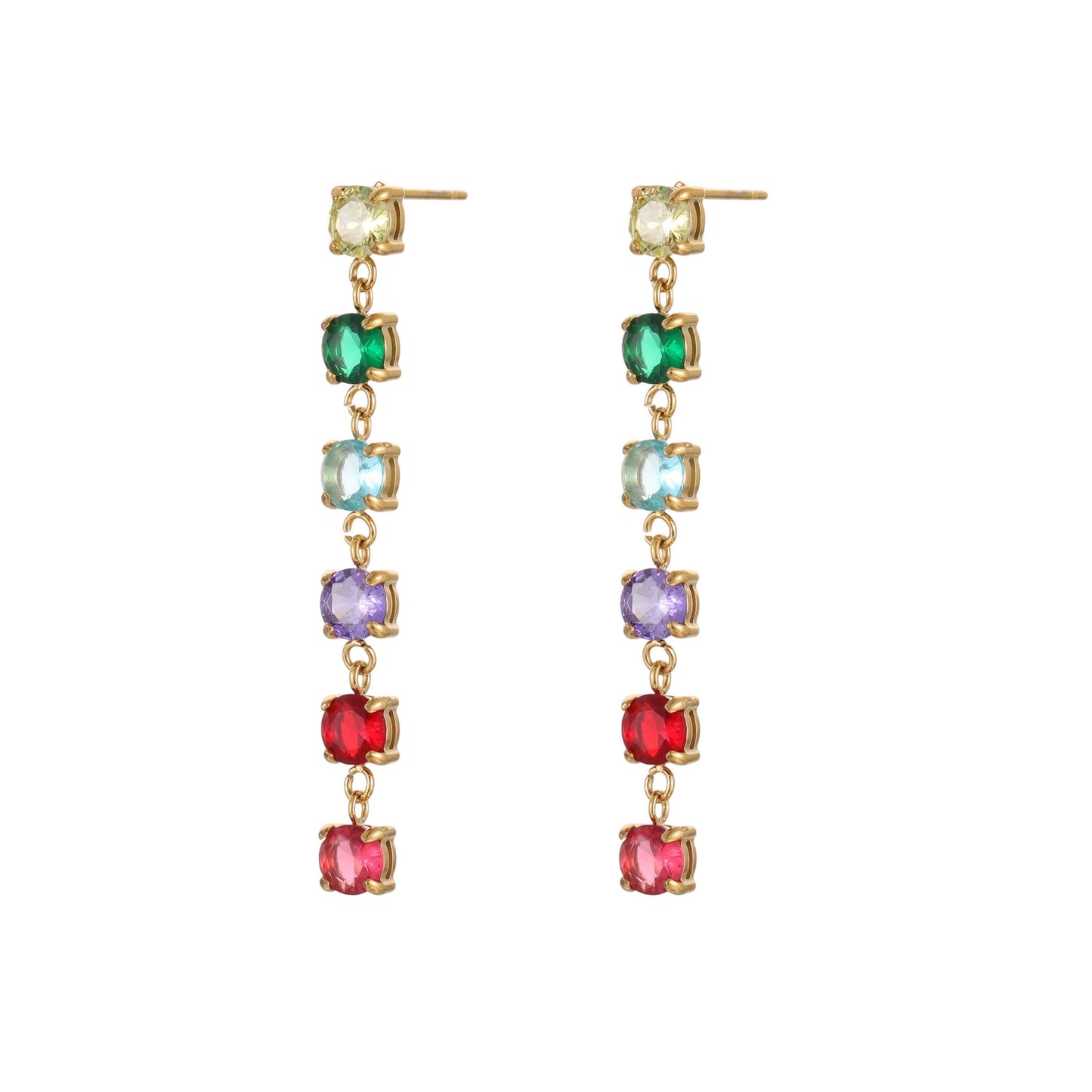 18K Gold Rainbow Tennis Chain Drop Dangle Stud Earrings