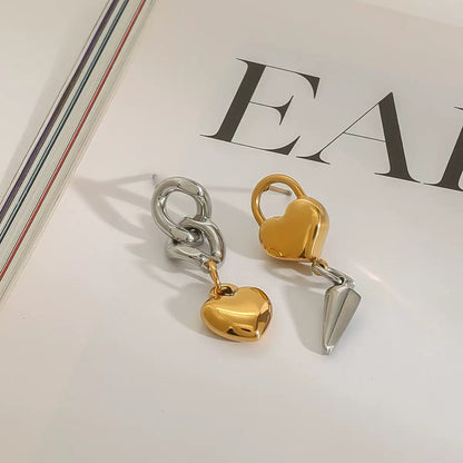 18K Gold and Silver Two Tone Love Lock Statement Stud Dangle Earrings