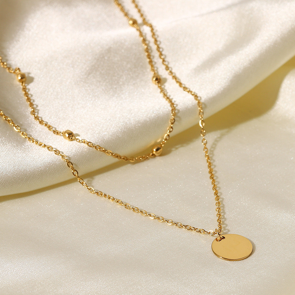 18K Gold Delicate Disc Pendant Beaded Chain Layered Necklace