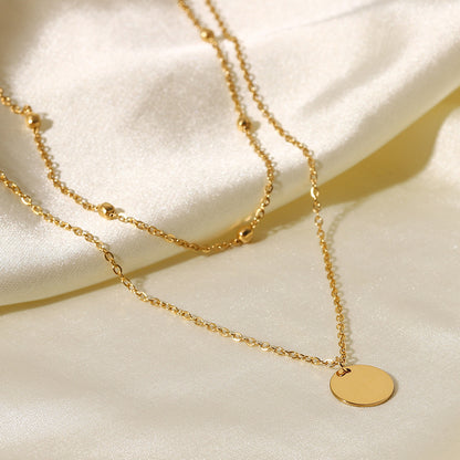 18K Gold Delicate Disc Pendant Beaded Chain Layered Necklace