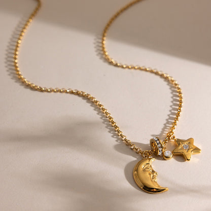 18K Gold Starlight Star and Moon Charm Necklace