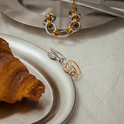 18K Gold Bejeweled Safety Pin Cuff Stacking Ring