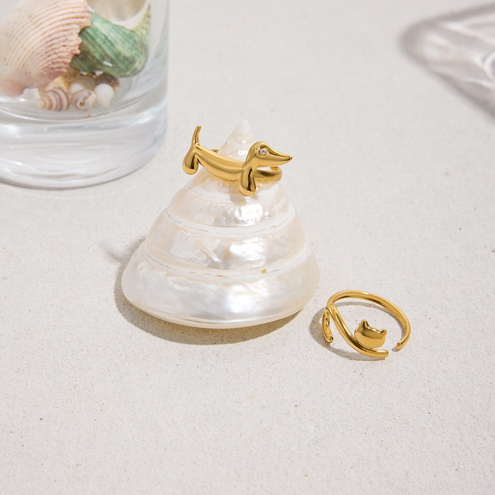 18K Gold Pet Lovers Cat and Dog Stacking Ring
