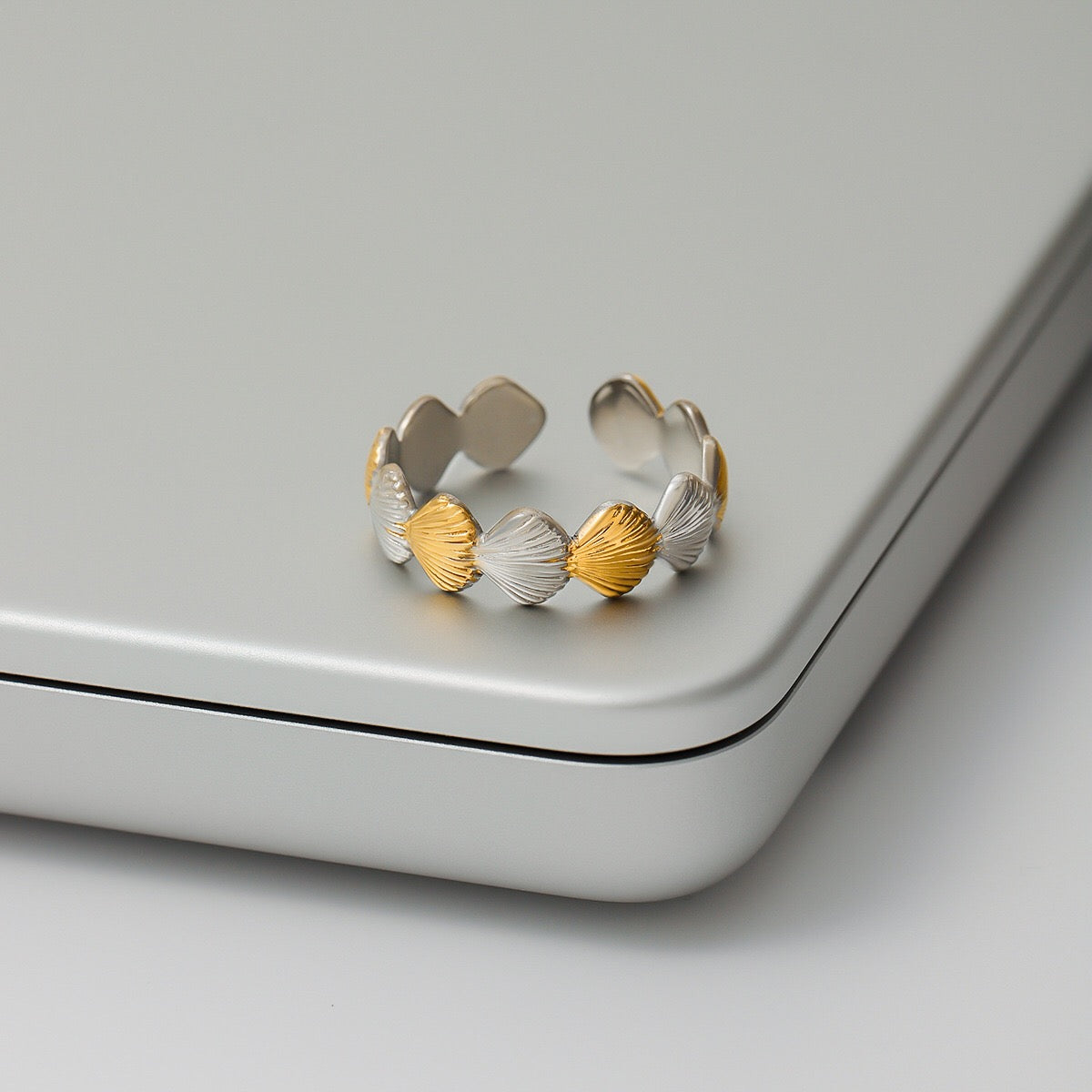 18K Gold and Silver Two Tone Coastal Glow Seashell Starfish Cuff Ring