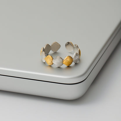 18K Gold and Silver Two Tone Coastal Glow Seashell Starfish Cuff Ring