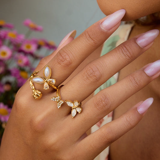 18K Gold Bejeweled Pearl Butterfly Cuff Ring