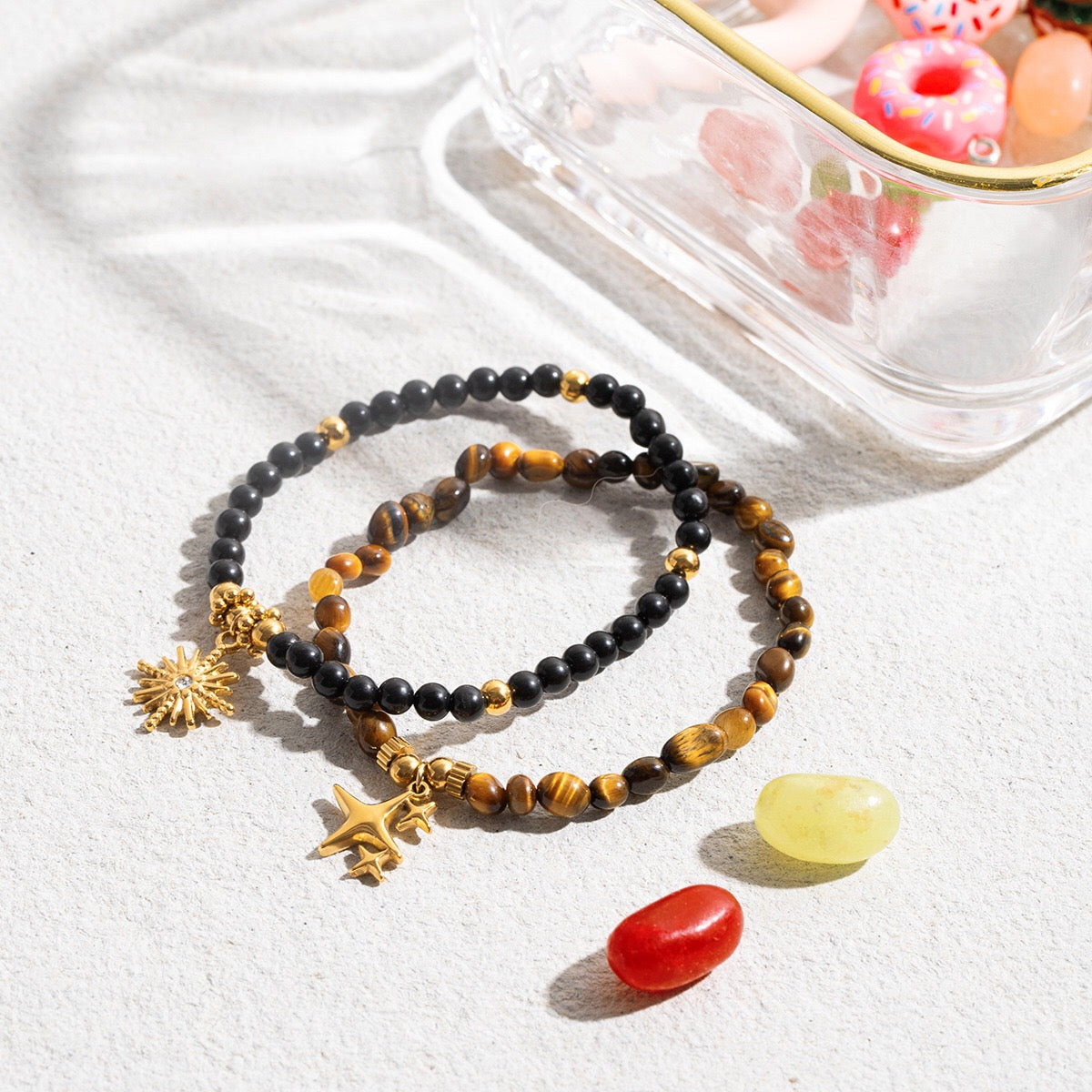 18K Gold Tiger Eye Starry Charm Beaded Bracelet Stack