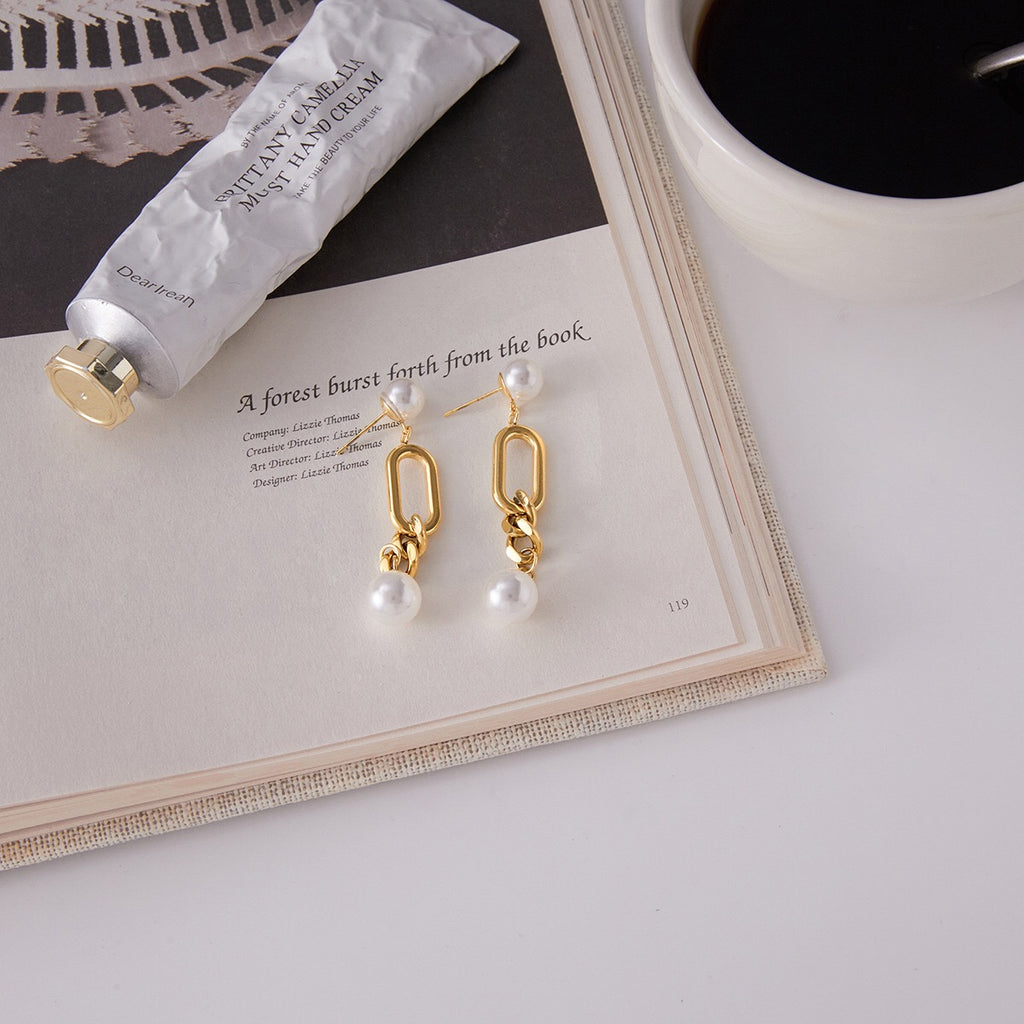 18K Gold Champagne Problems Pearl Chain Drop Dangle Earrings