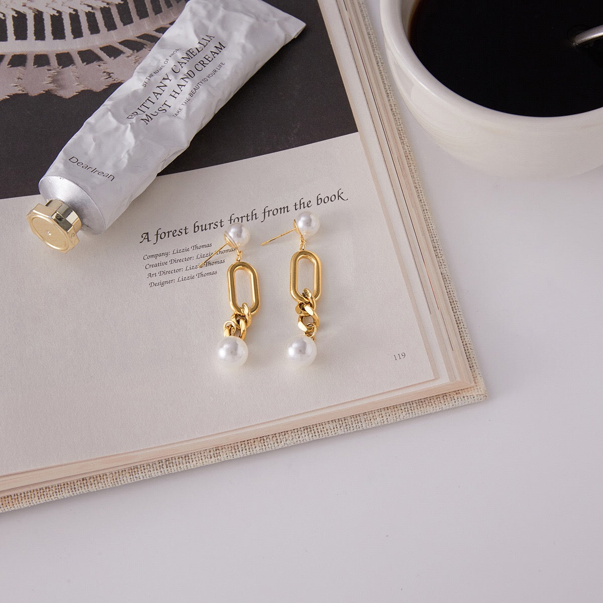 18K Gold Champagne Problems Pearl Chain Drop Dangle Earrings