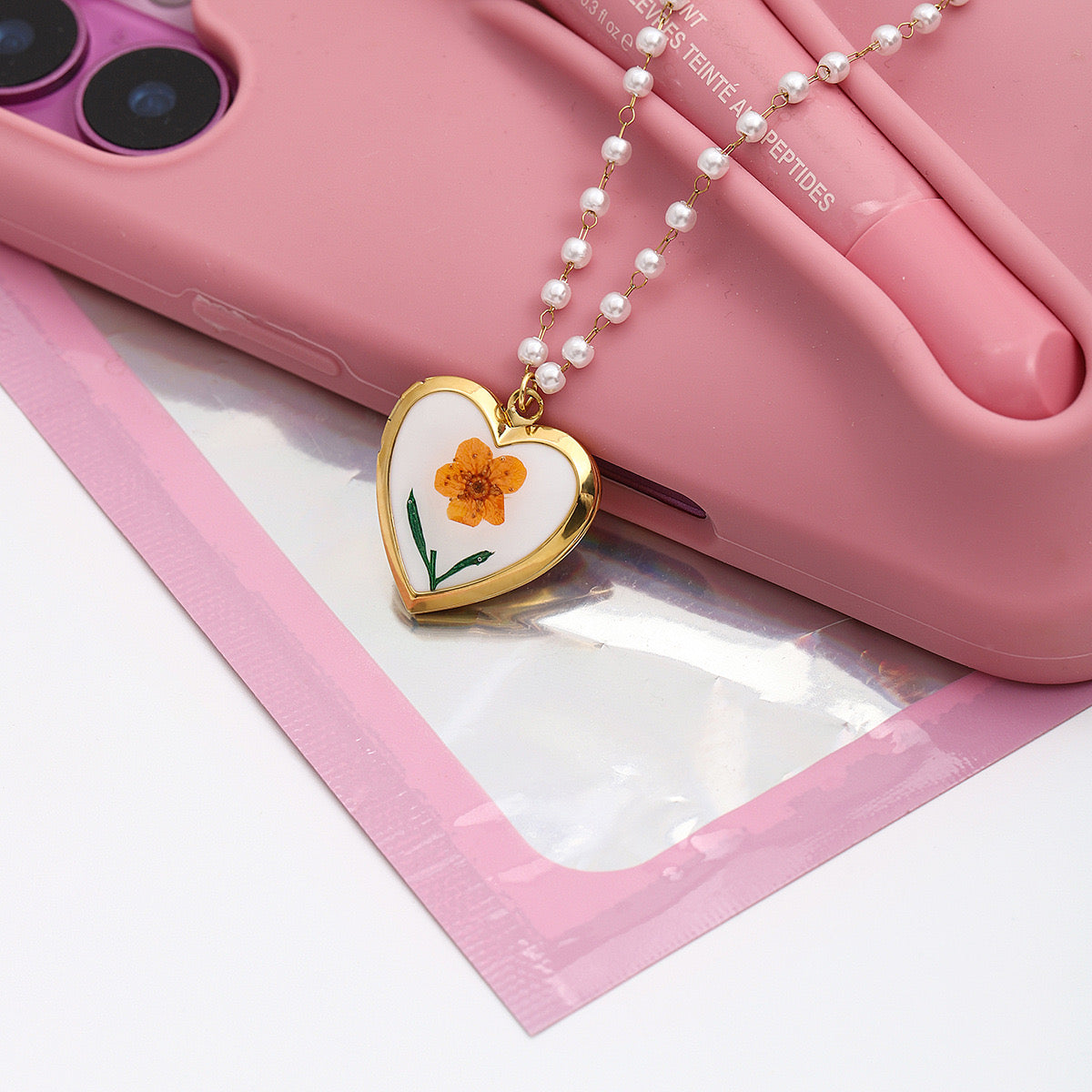 18K Gold Flower Heart Locket Pendant Pearl Chain Necklace