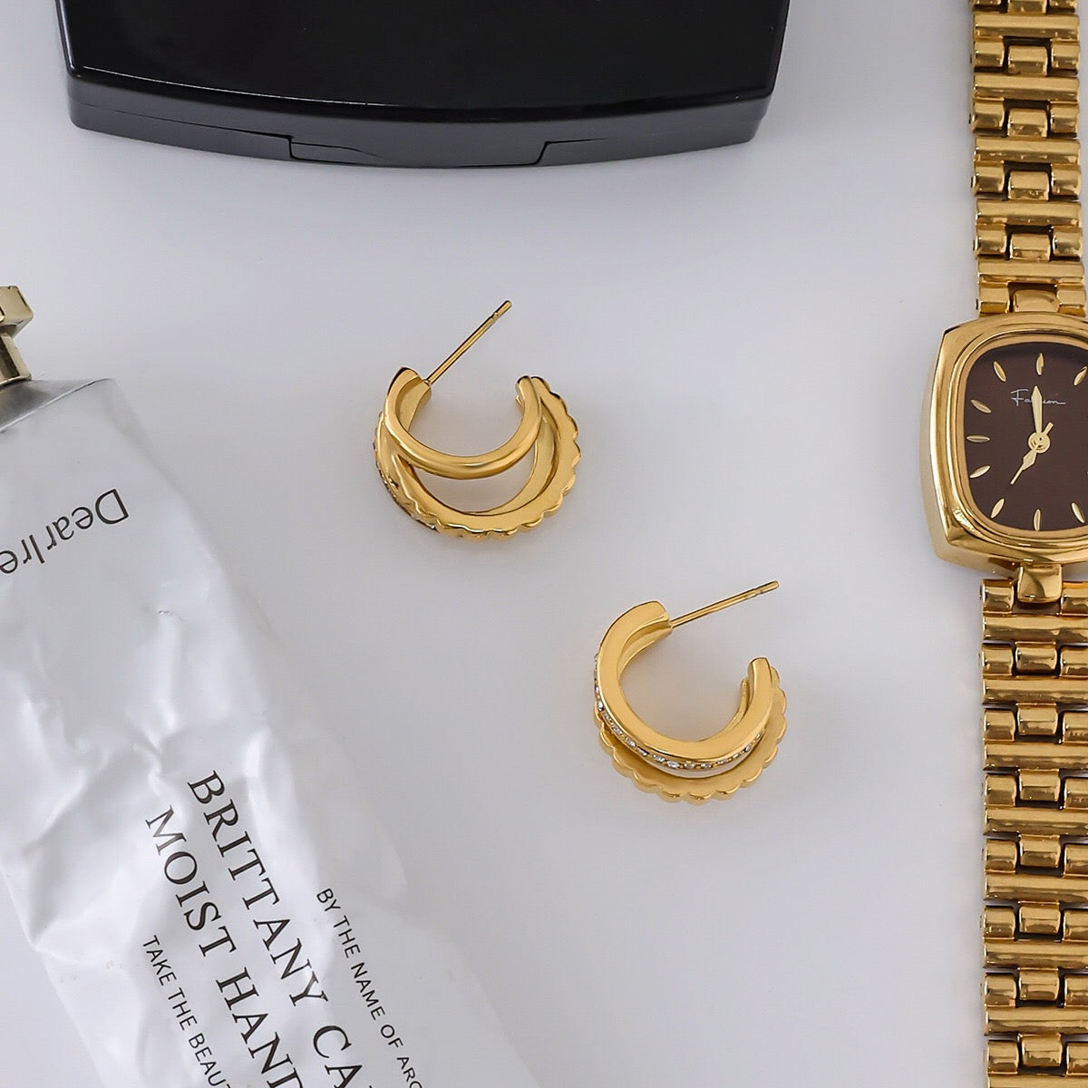 18K Gold Trio Orbit Pave Three Hoops Stud Huggie Earrings