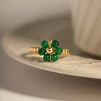 18K Gold Emerald Beaded Lucky Flower Ring