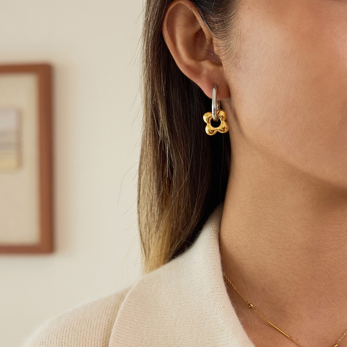 18K Gold and Silver Two Tone Flower Small Hoop Dangle Huggie Earrings