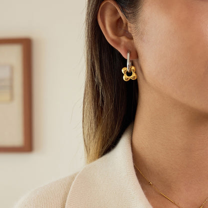 18K Gold and Silver Two Tone Flower Small Hoop Dangle Huggie Earrings