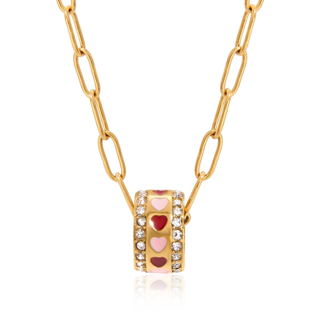 18K Gold Pink Heart Mama Bling Ring Dainty Pendant Necklace