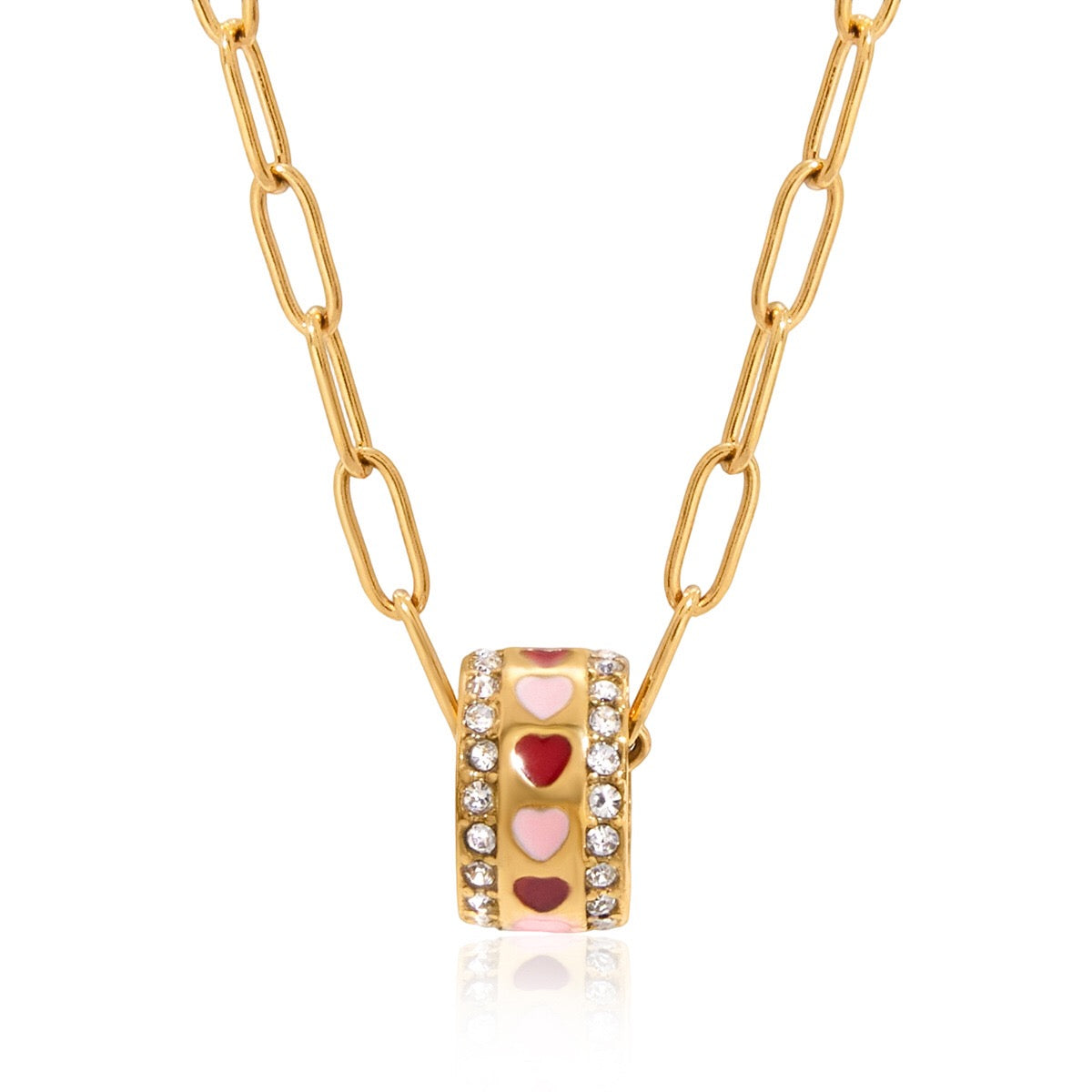 18K Gold Pink Heart Mama Bling Ring Dainty Pendant Necklace