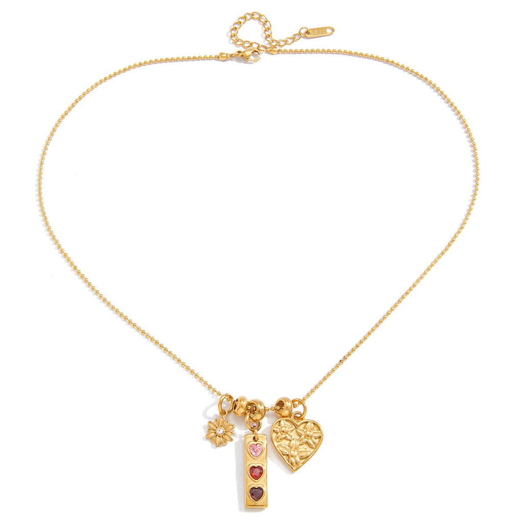 18K Gold Love in Bloom Pink Heart Flower Pendant Charm Necklace