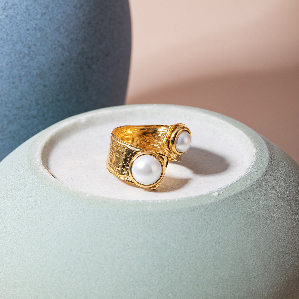 18K Gold Luxury Pearl Statement Cuff Ring