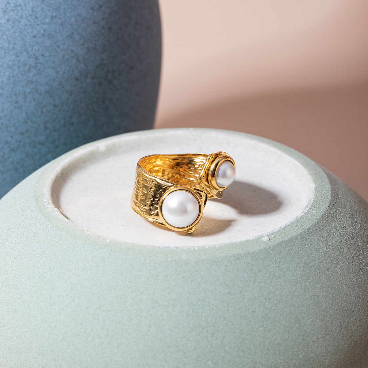 18K Gold Luxury Pearl Statement Cuff Ring