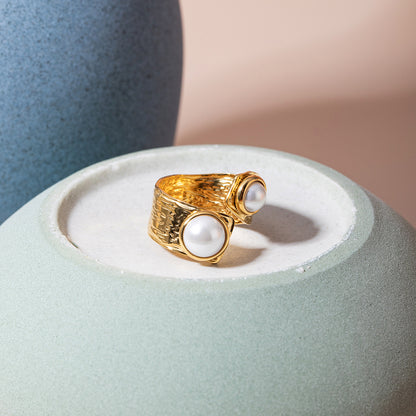 18K Gold Luxury Pearl Statement Cuff Ring