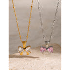 18K Gold Bling Coquette Bow Pendant CZ Necklace