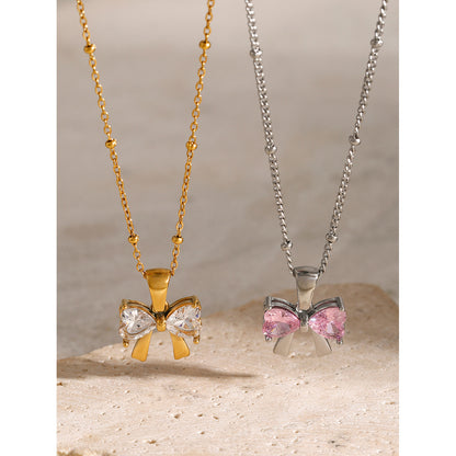 18K Gold Bling Coquette Bow Pendant CZ Necklace