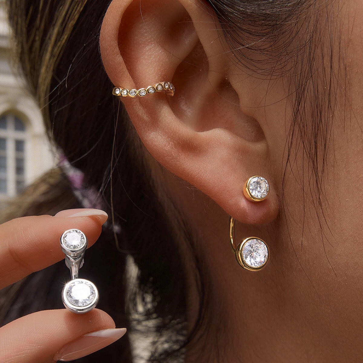18K Gold and Silver Twin Flame Bezel Jacket Earrings