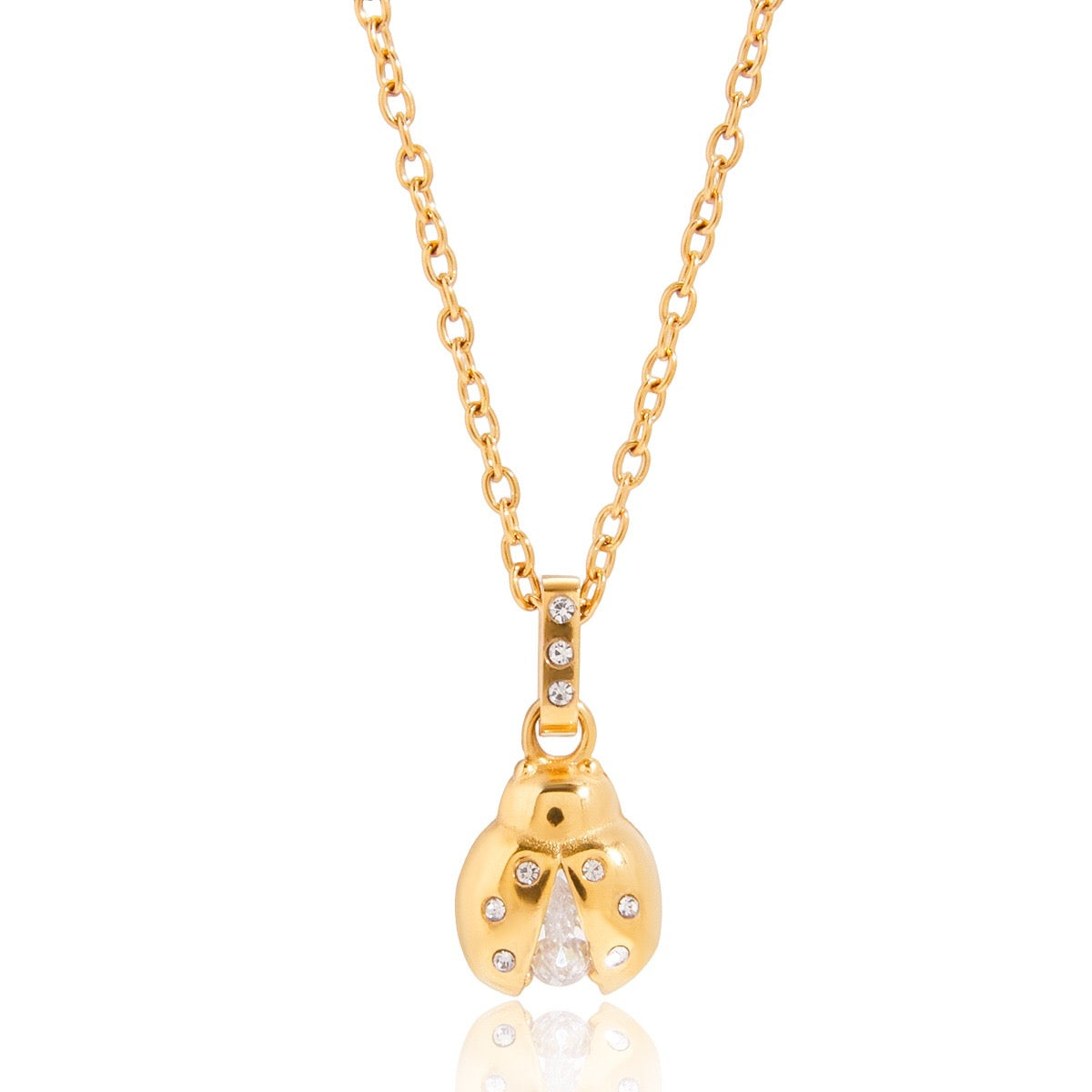 18K Gold Enchanted Garden Pave Dragonfly Ladybug Flower Dainty Pendant Necklace