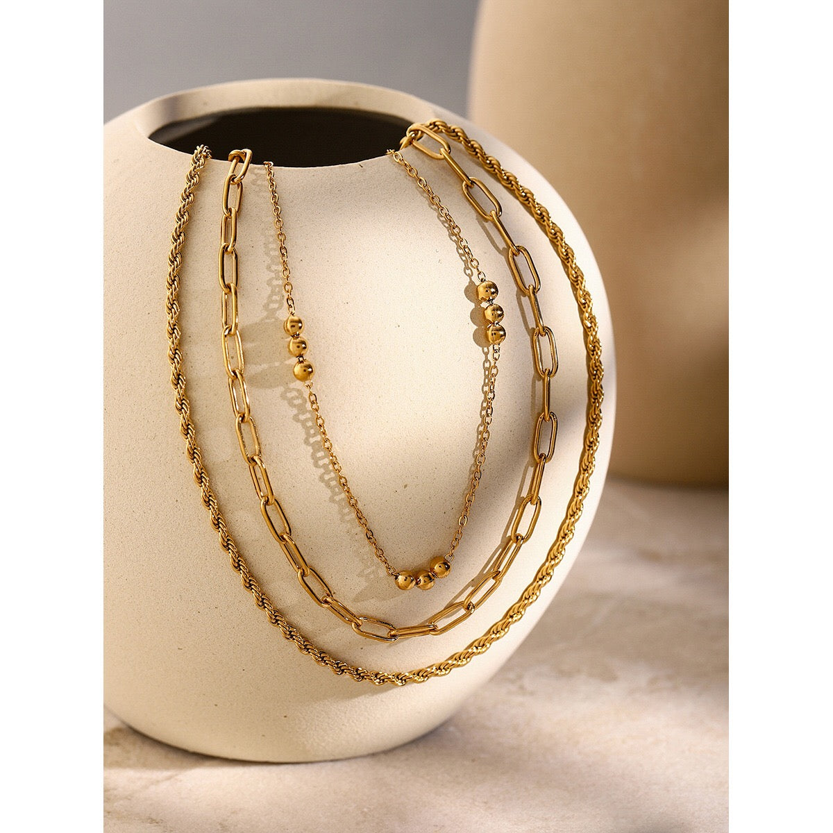 18K Gold Paperclip Rope Chain Beaded Layered Necklace Set