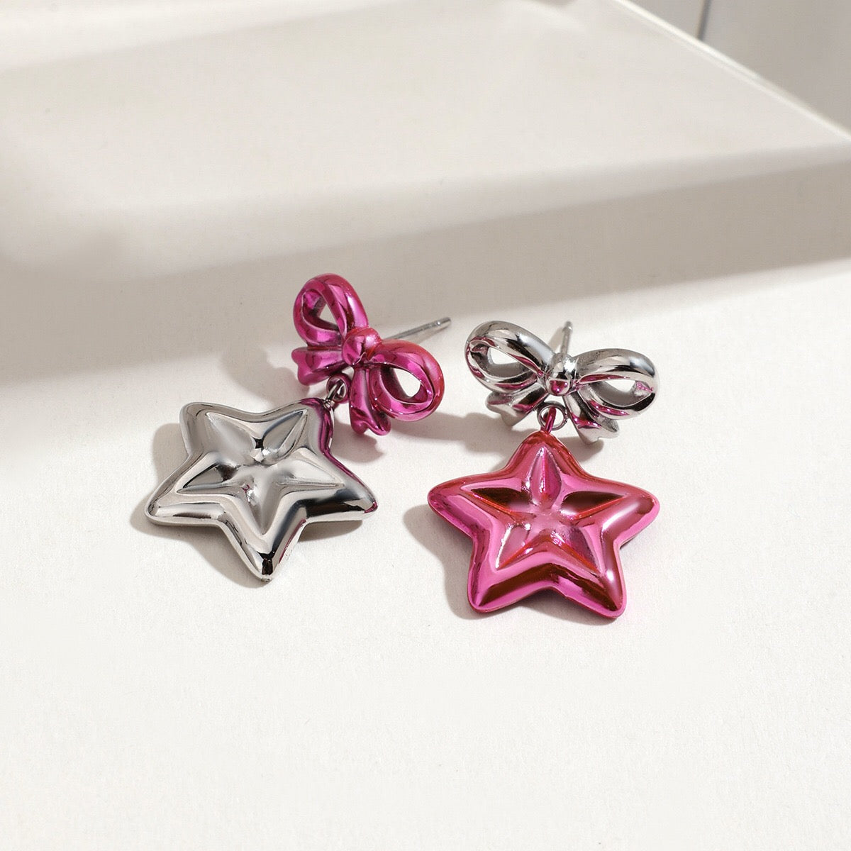 Y2K Silver Bow and Pink Star Stud Dangle Earrings