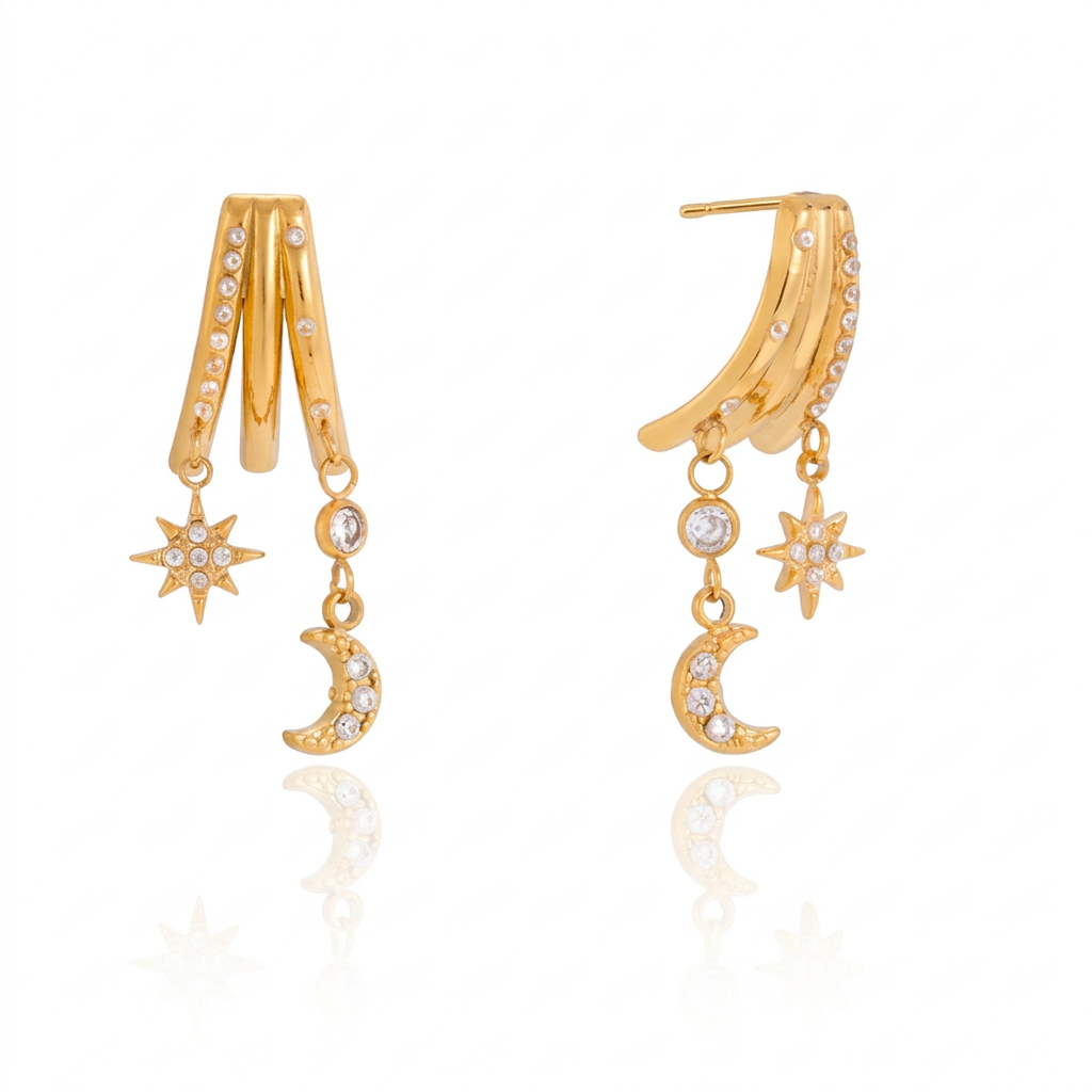 18K Gold Moon Kiss Dangle Huggie Earrings