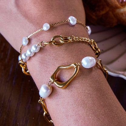 18K Gold Golden Form Pearl Paperclip Chain Bracelet Stack