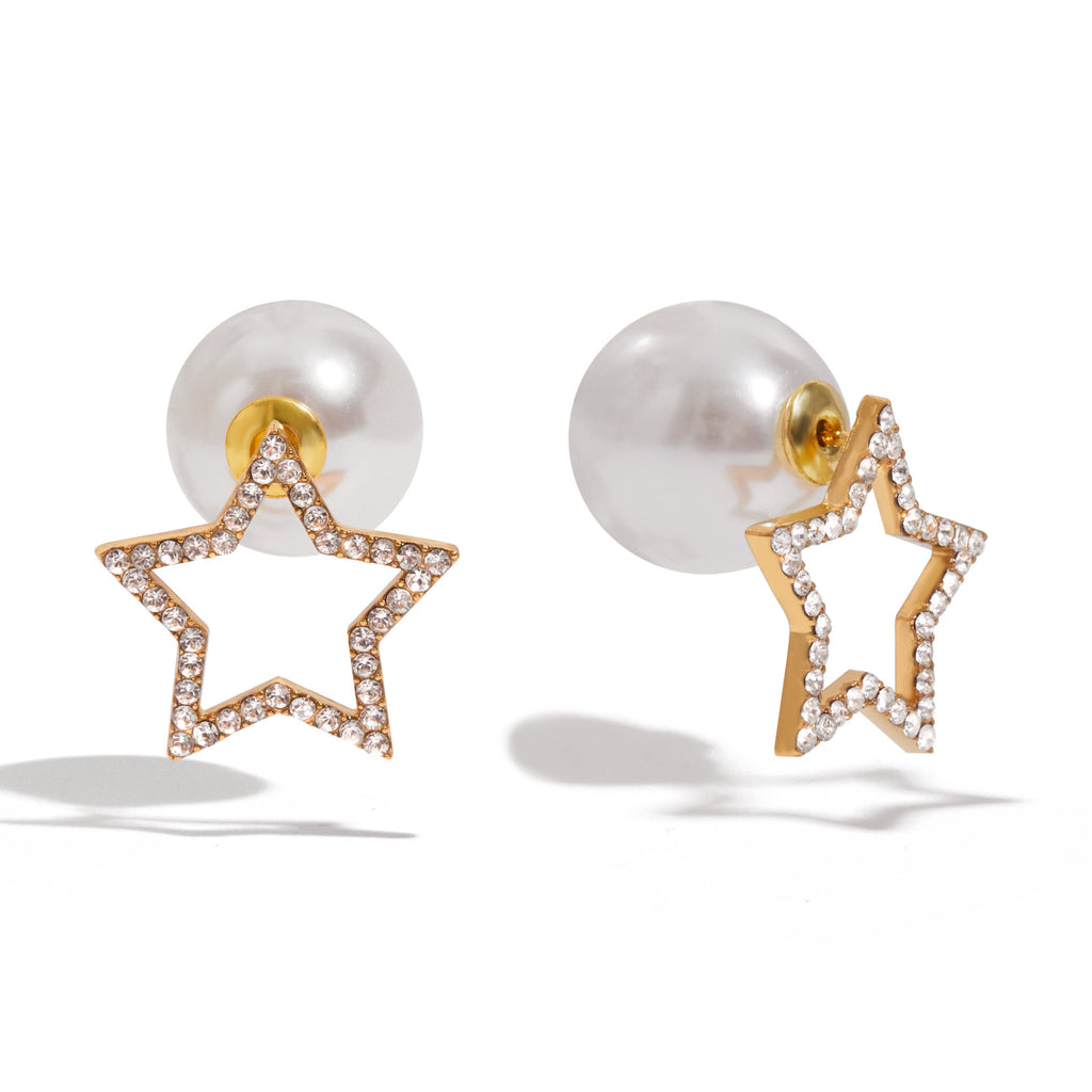 18K Gold Born Star Stud Earrings Pearl Ear Cuffs Set