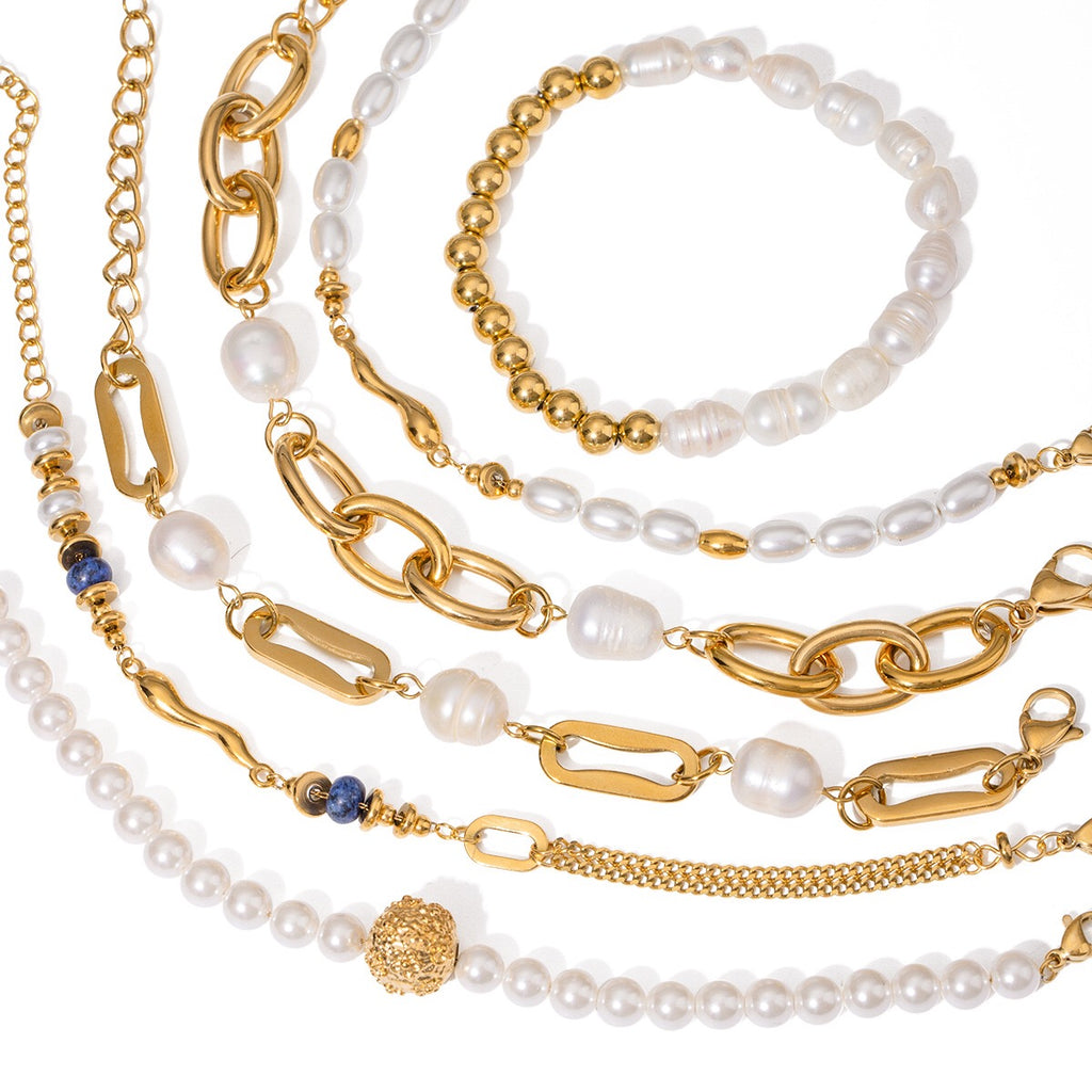 18K Gold Elegant Harmony Pearl Paperclip Chain Bracelet Stack