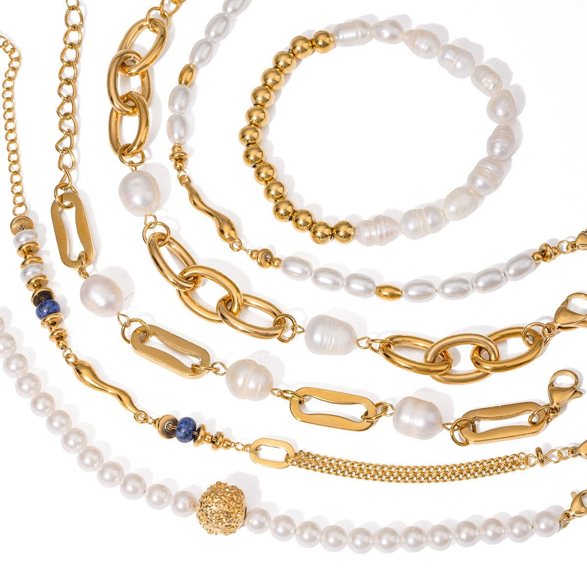 18K Gold Elegant Harmony Pearl Paperclip Chain Bracelet Stack